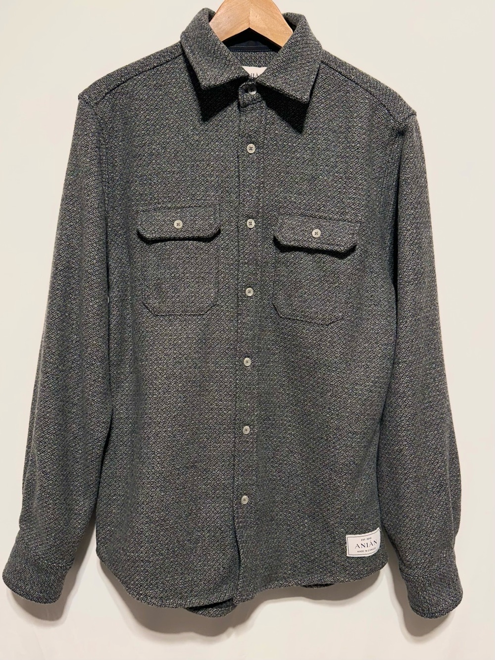 ANIAN Modern Melton Recycled Wool Charcoal Overshirt Shacket XL Made Canada